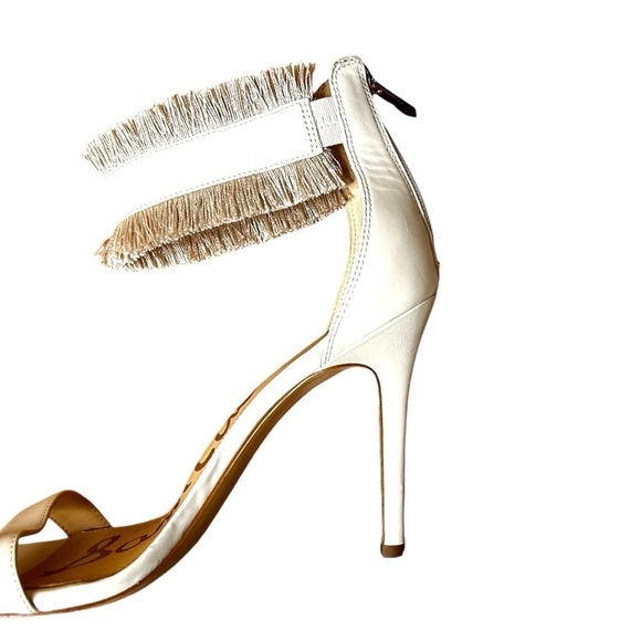 Sam Edelman Anabeth High Heels Sandals 8 Beige Leather Open Toe Zip Fringe - Picture 8 of 10